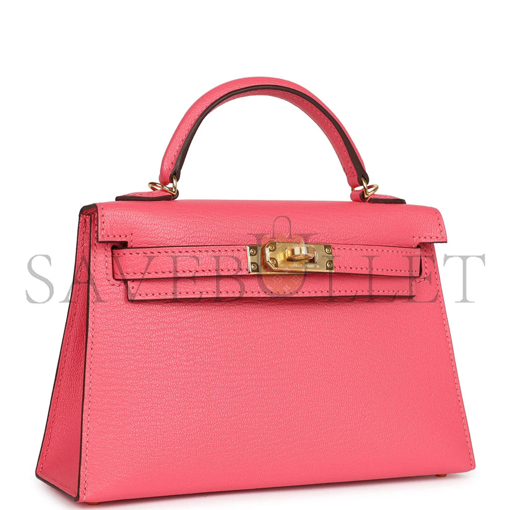 HERMÈS MINI KELLY II SELLIER ROSE AZALEE CHEVRE MYSORE GOLD HARDWARE (19*12*5.5cm)